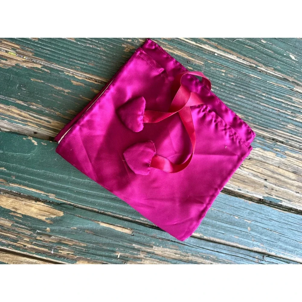 Vintage Fuchsia Satin Jewelry Roll Travel Organizer Floral Lace Heart Charm Pink